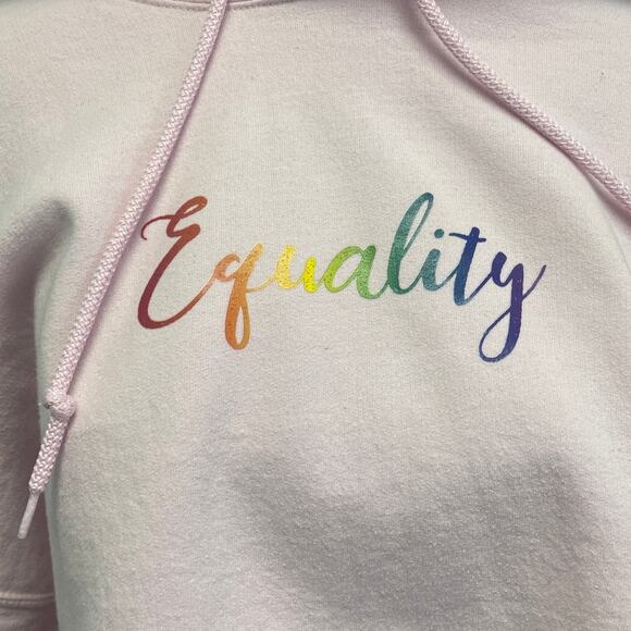 Hand Printed Upcycled Womens XL Equality Rainbow LGBTQ Cropped Cutoff Hoodie - Picture 2 of 6